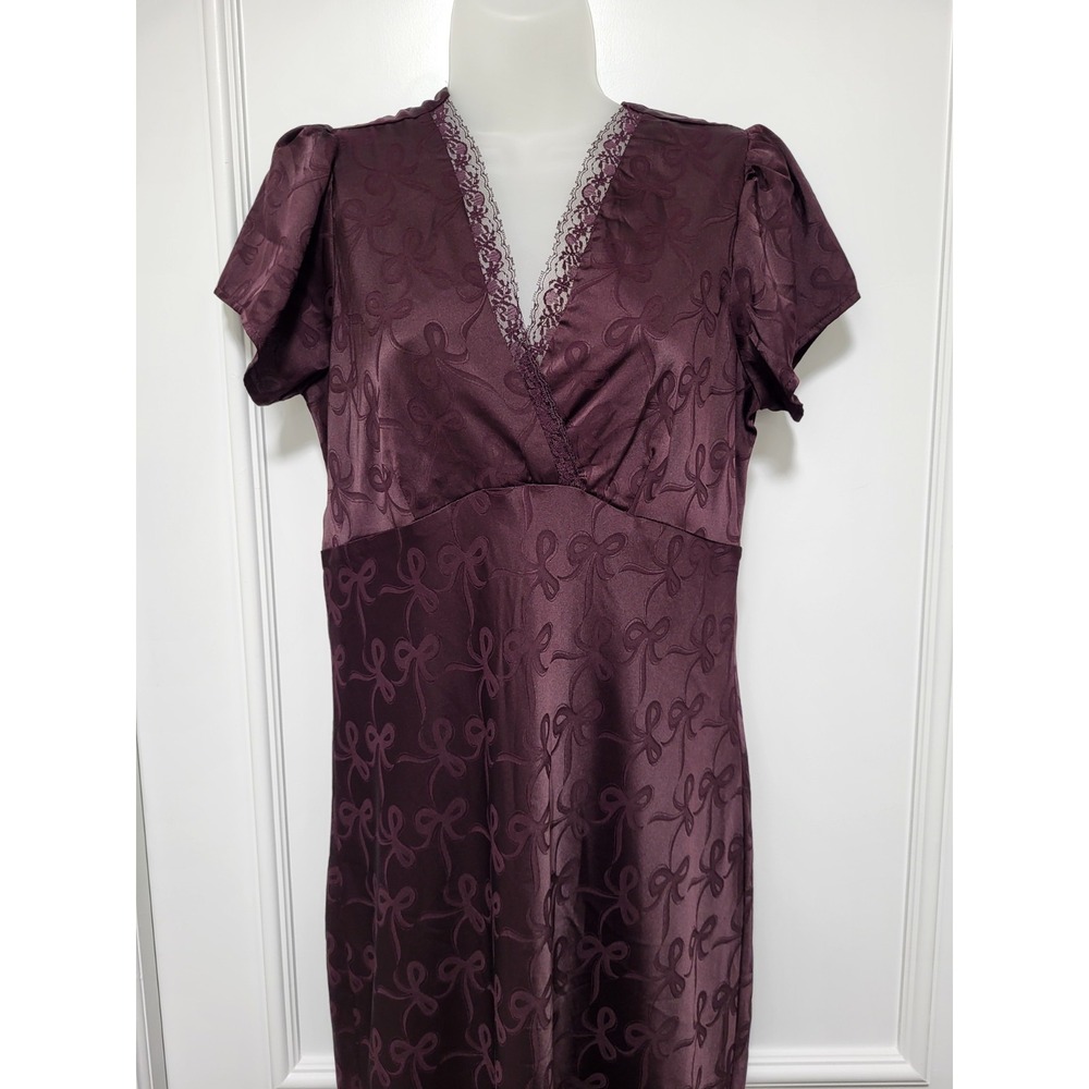 Satin Wine Whimsigoth Fairygoth Empire Waist Bow Lace Trim Maxi Dress M